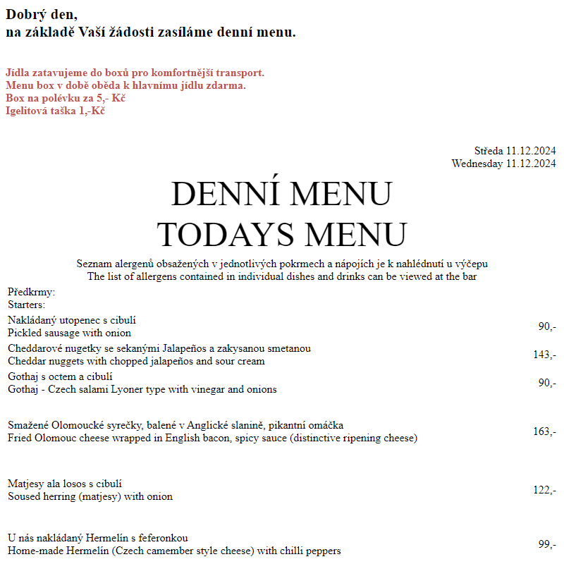 Dejvická sokolovna - Denní menu 11.12.2024