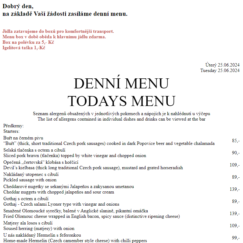 Dejvická sokolovna - Denní menu 25.6.2024