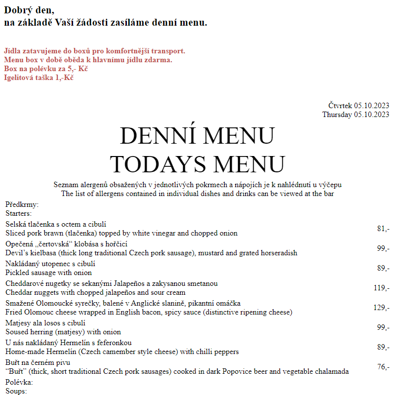 Dejvická sokolovna - Denní menu 5.10.2023
