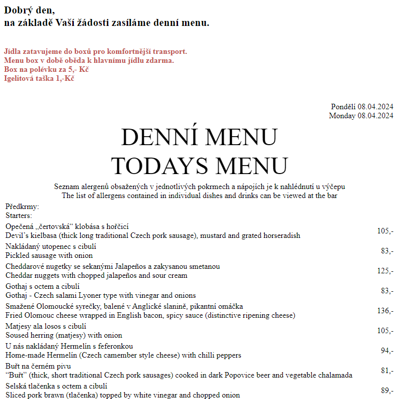 Dejvická sokolovna - Denní menu 8.4.2024