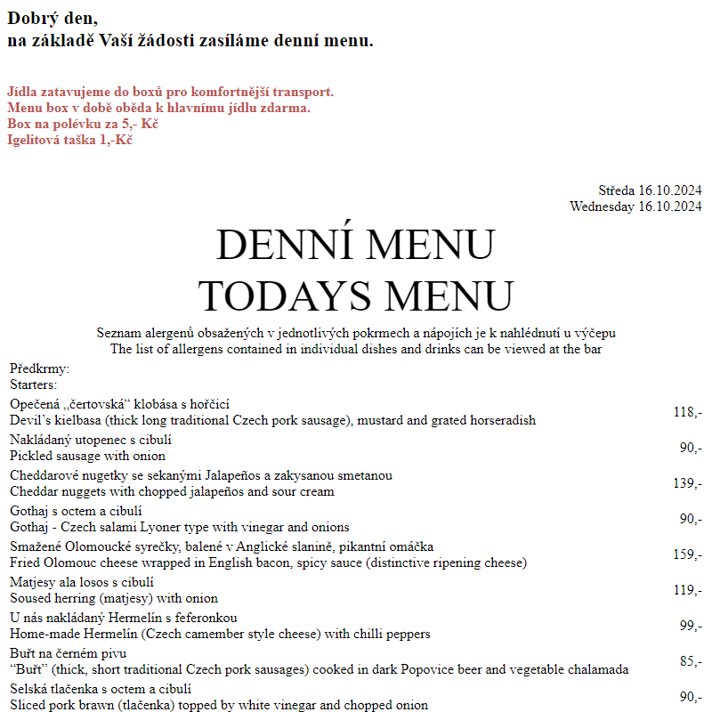 Dejvická sokolovna - Denní menu 16.10.2024