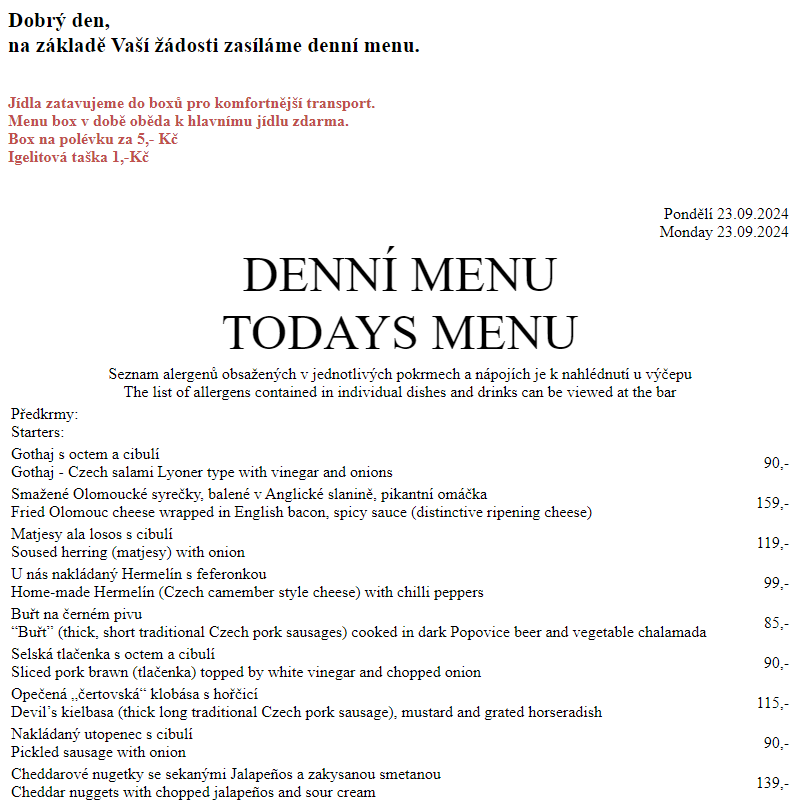 Dejvická sokolovna - Denní menu 23.9.2024