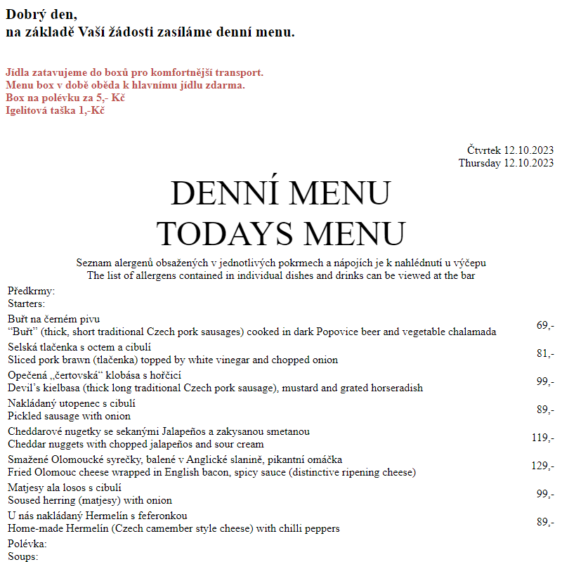Dejvická sokolovna - Denní menu 12.10.2023