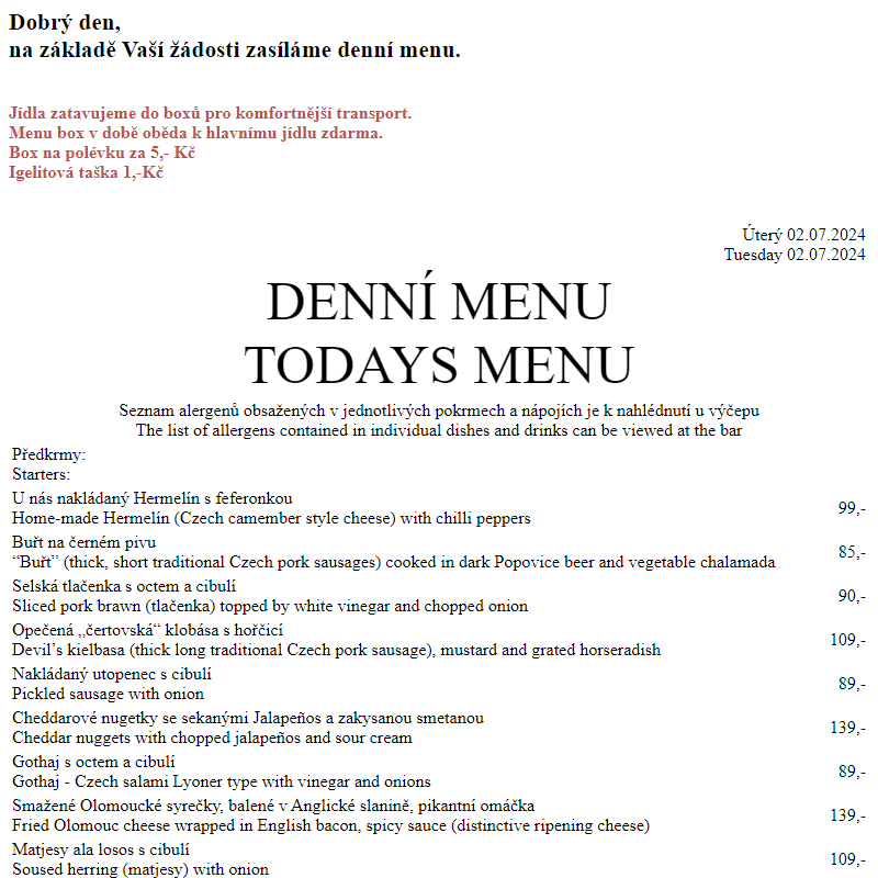 Dejvická sokolovna - Denní menu 2.7.2024