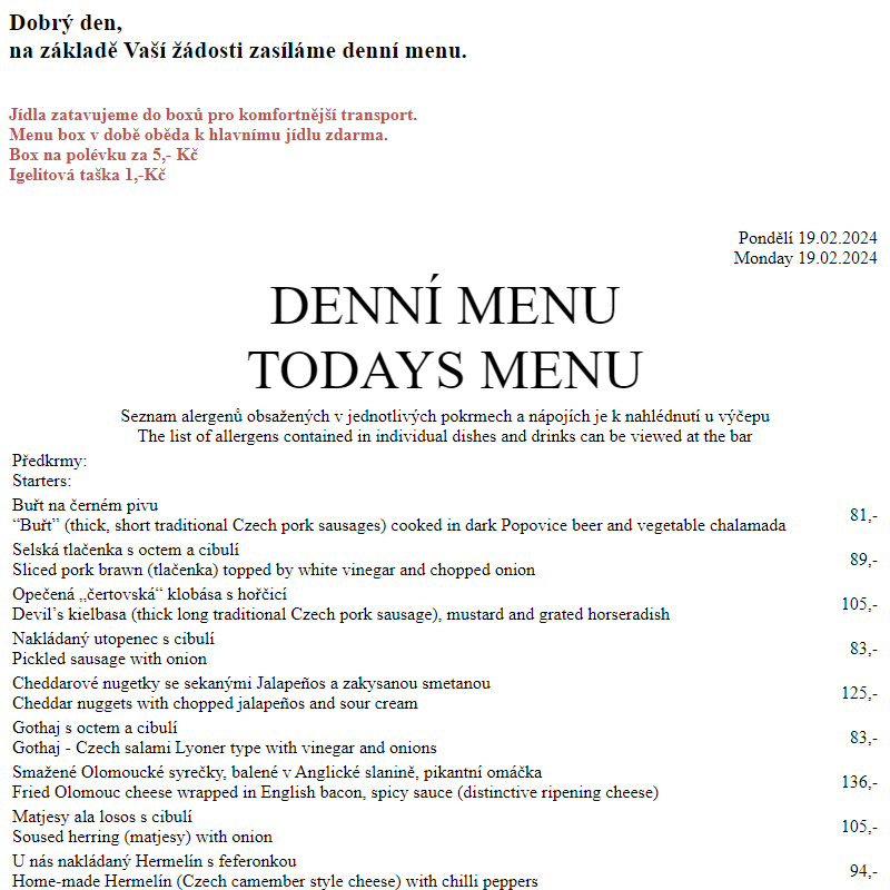 Dejvická sokolovna - Denní menu 19.2.2024