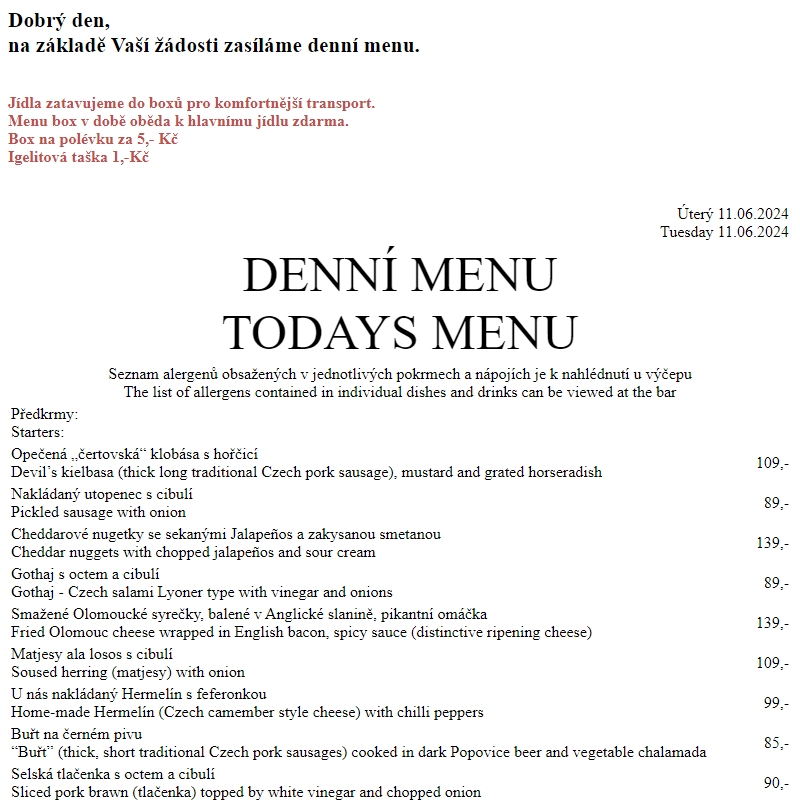 Dejvická sokolovna - Denní menu 11.6.2024