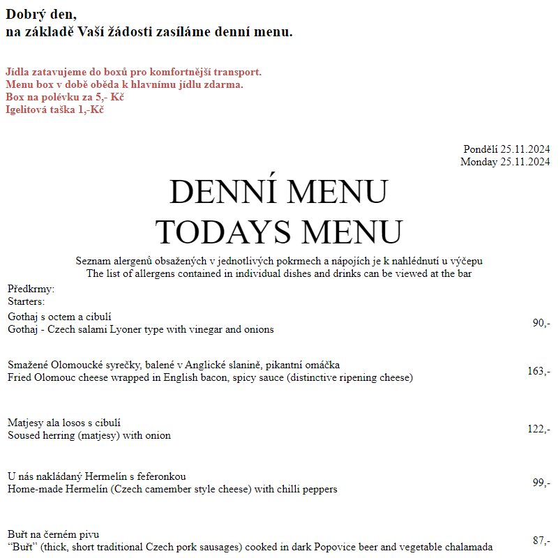 Dejvická sokolovna - Denní menu 25.11.2024