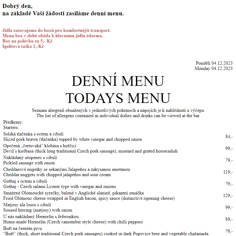 Dejvická sokolovna - Denní menu 4.12.2023