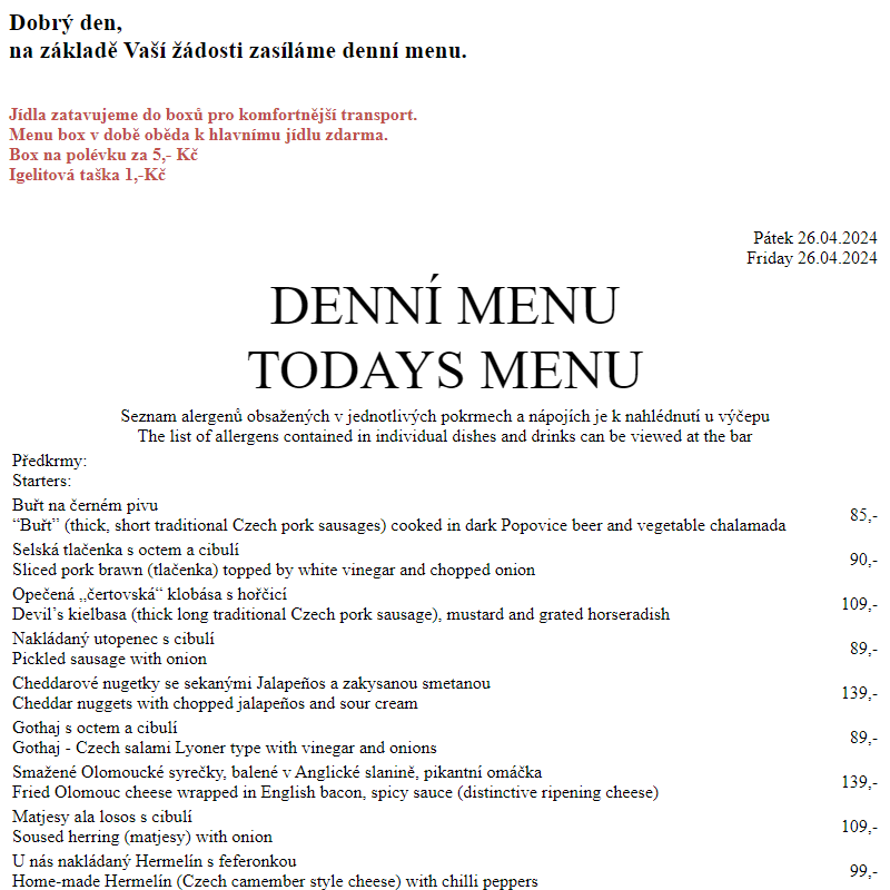 Dejvická sokolovna - Denní menu 26.4.2024