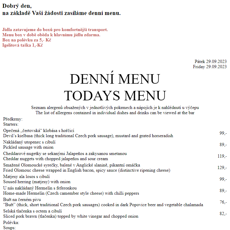 Dejvická sokolovna - Denní menu 29.9.2023