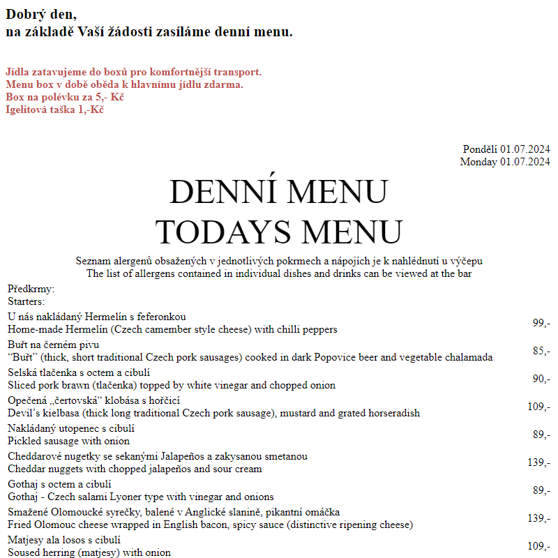 Dejvická sokolovna - Denní menu 1.7.2024