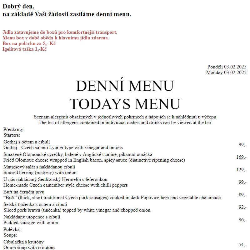 Dejvická sokolovna - Denní menu 3.2.2025