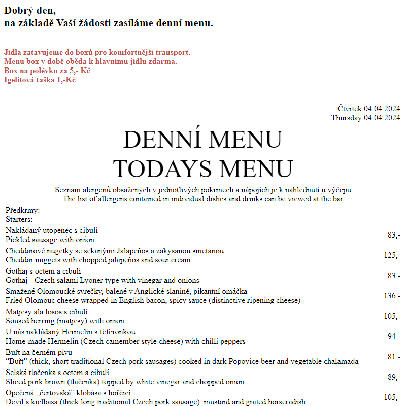 Dejvická sokolovna - Denní menu 4.4.2024