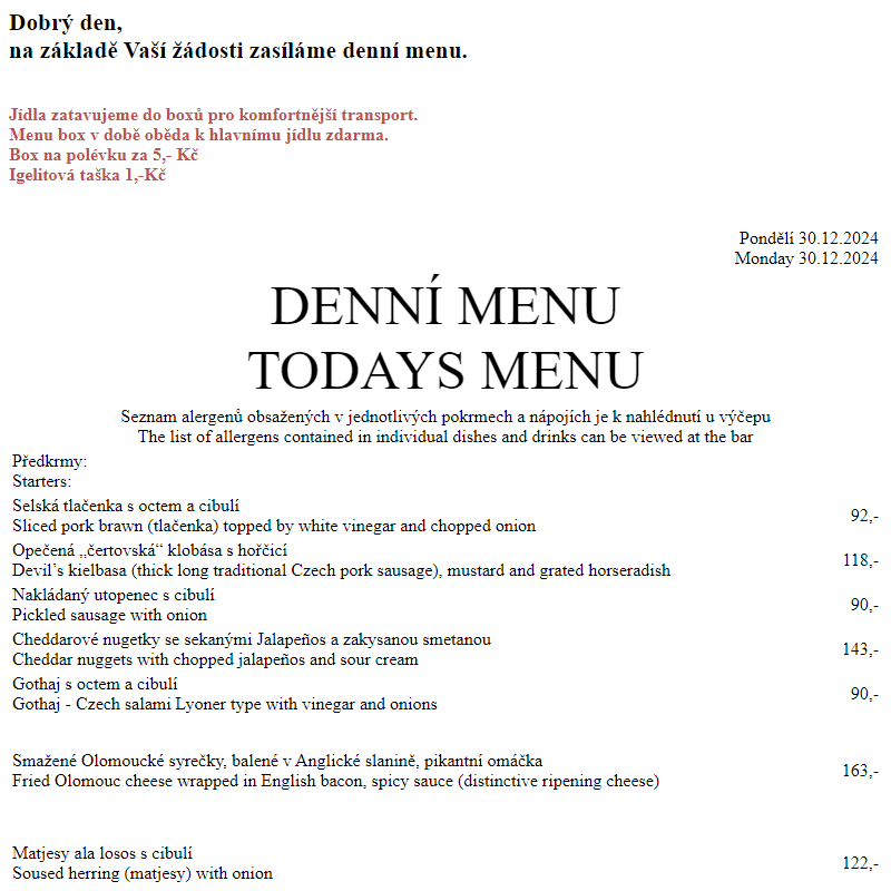 Dejvická sokolovna - Denní menu 30.12.2024