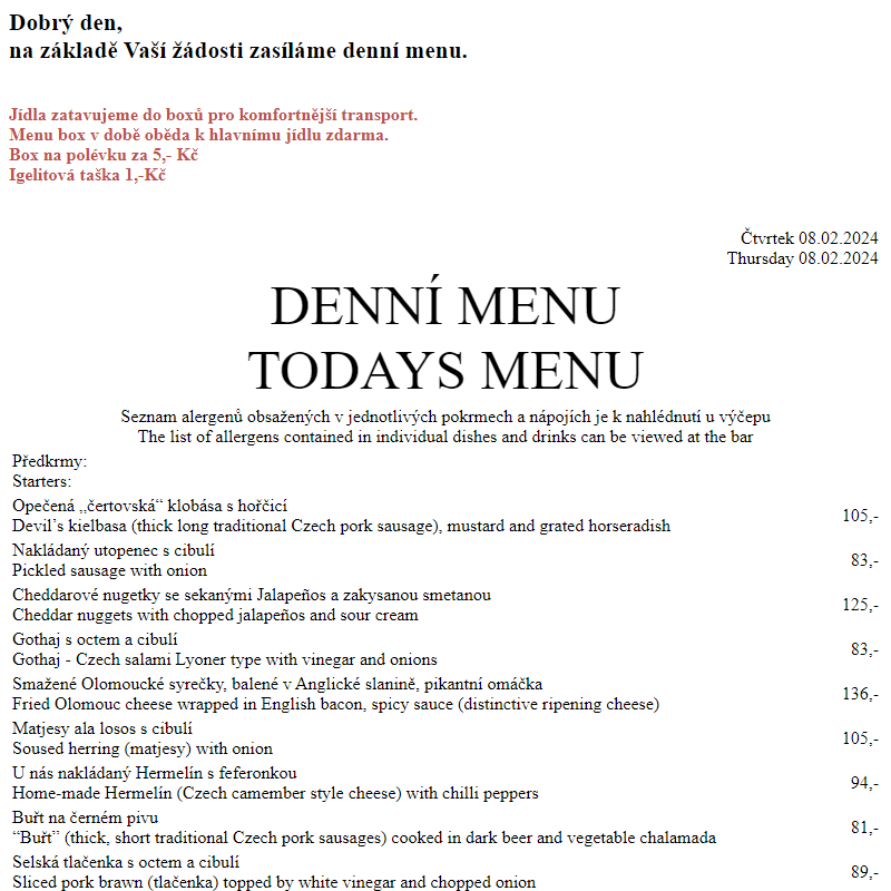 Dejvická sokolovna - Denní menu 8.2.2024