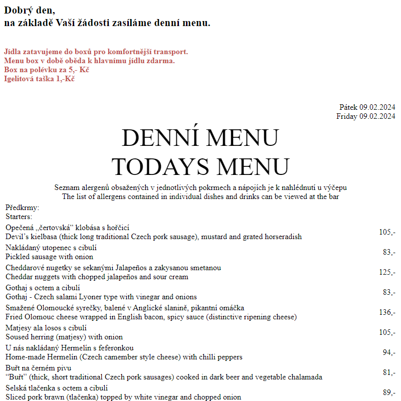 Dejvická sokolovna - Denní menu 9.2.2024