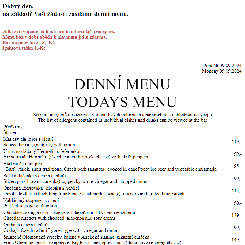 Dejvická sokolovna - Denní menu 9.9.2024