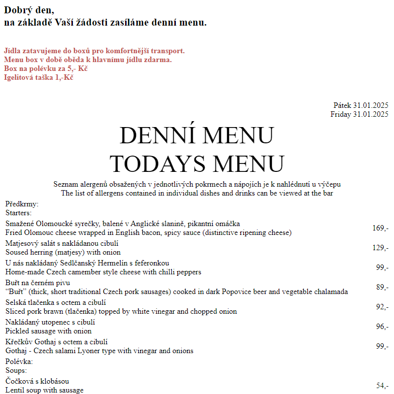 Dejvická sokolovna - Denní menu 31.1.2025