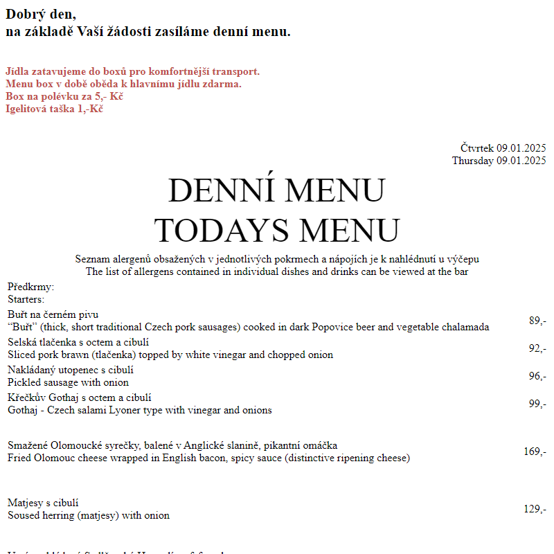 Dejvická sokolovna - Denní menu 9.1.2025