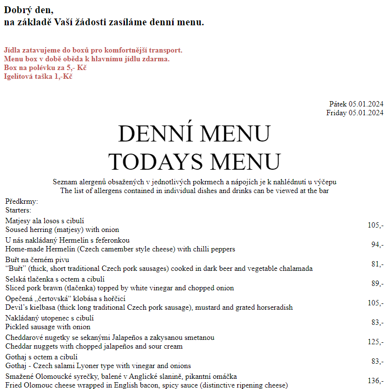Dejvická sokolovna - Denní menu 5.1.2024