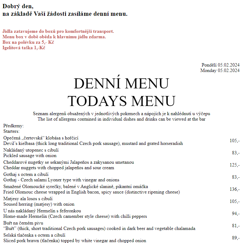 Dejvická sokolovna - Denní menu 5.2.2024