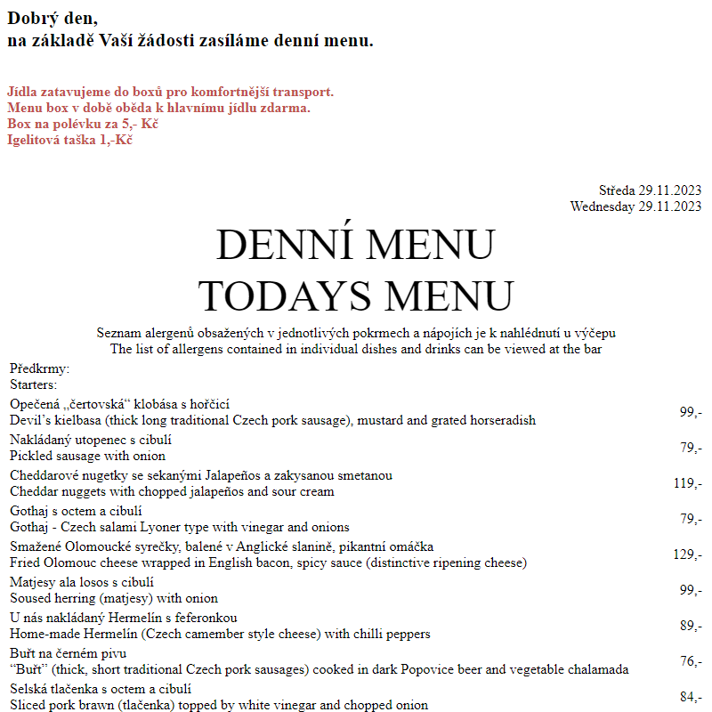Dejvická sokolovna - Denní menu 29.11.2023