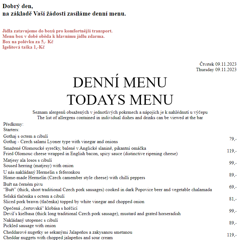 Dejvická sokolovna - Denní menu 9.11.2023