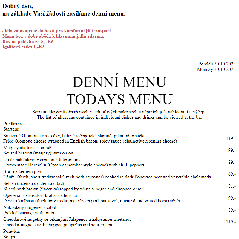 Dejvická sokolovna - Denní menu 30.10.2023