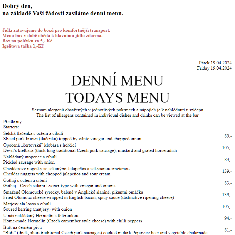 Dejvická sokolovna - Denní menu 19.4.2024