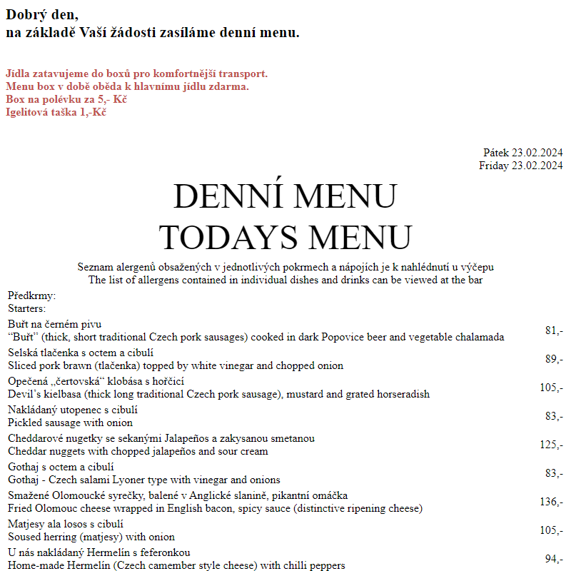 Dejvická sokolovna - Denní menu 23.2.2024