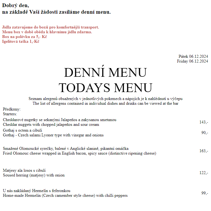 Dejvická sokolovna - Denní menu 6.12.2024