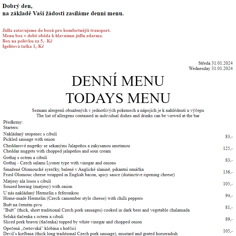 Dejvická sokolovna - Denní menu 31.1.2024