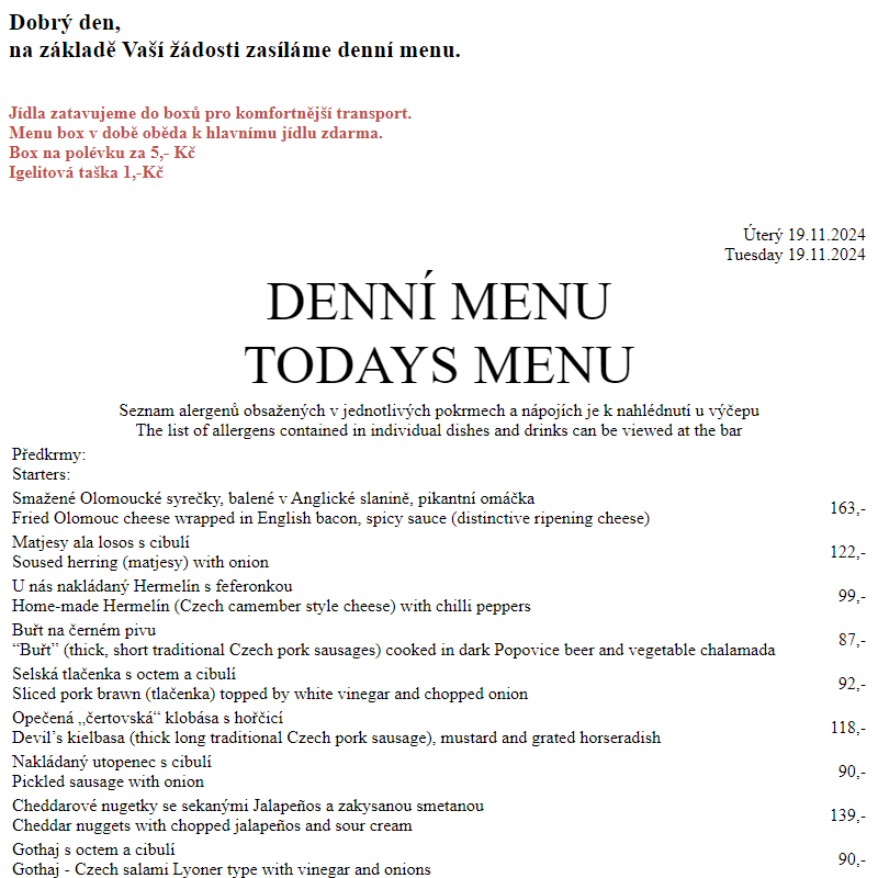 Dejvická sokolovna - Denní menu 19.11.2024