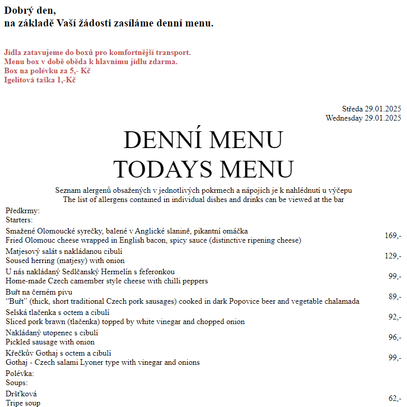 Dejvická sokolovna - Denní menu 29.1.2025