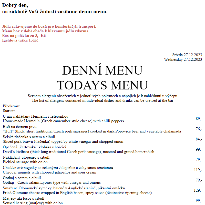 Dejvická sokolovna - Denní menu 27.12.2023