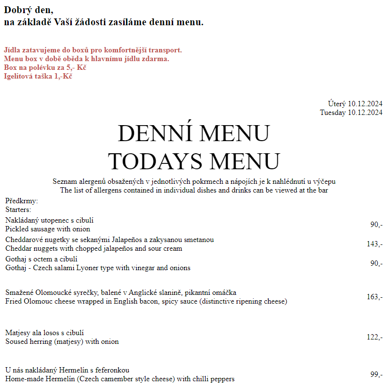 Dejvická sokolovna - Denní menu 10.12.2024