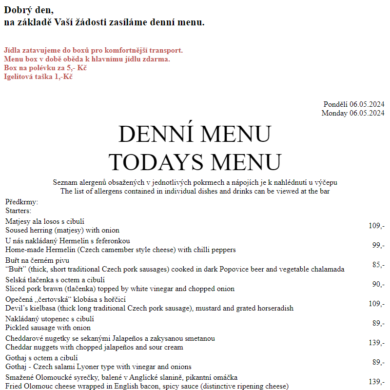 Dejvická sokolovna - Denní menu 6.5.2024