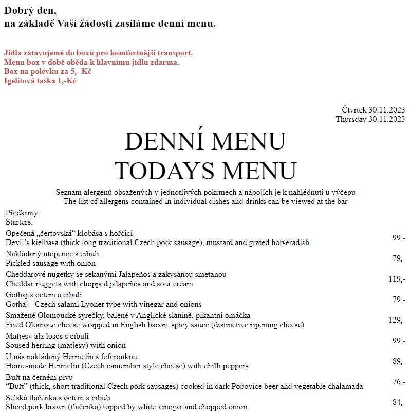 Dejvická sokolovna - Denní menu 30.11.2023