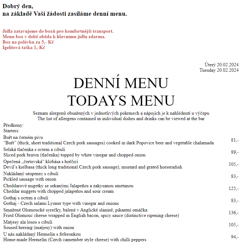 Dejvická sokolovna - Denní menu 20.2.2024