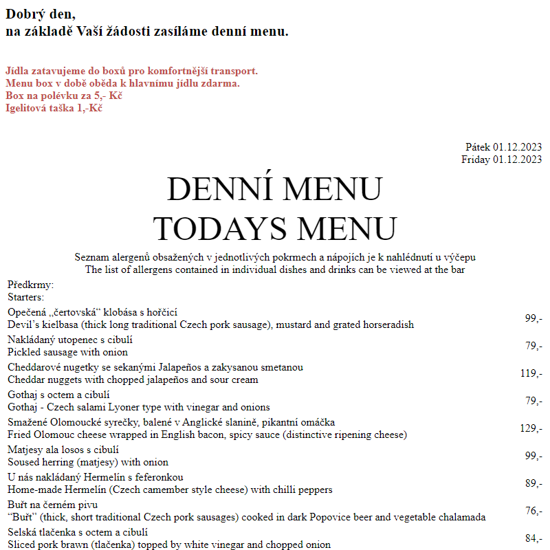 Dejvická sokolovna - Denní menu 1.12.2023