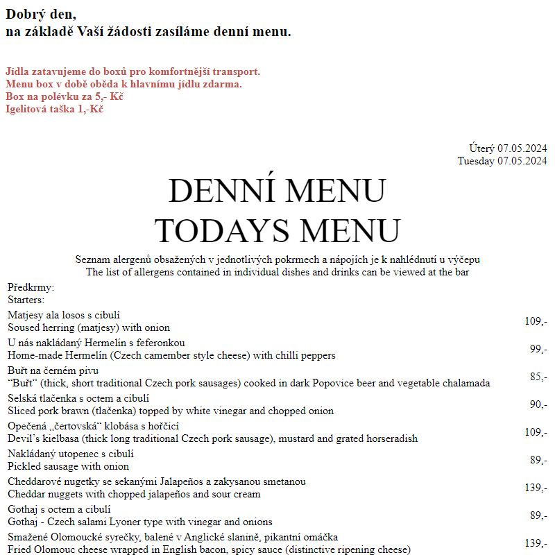 Dejvická sokolovna - Denní menu 7.5.2024