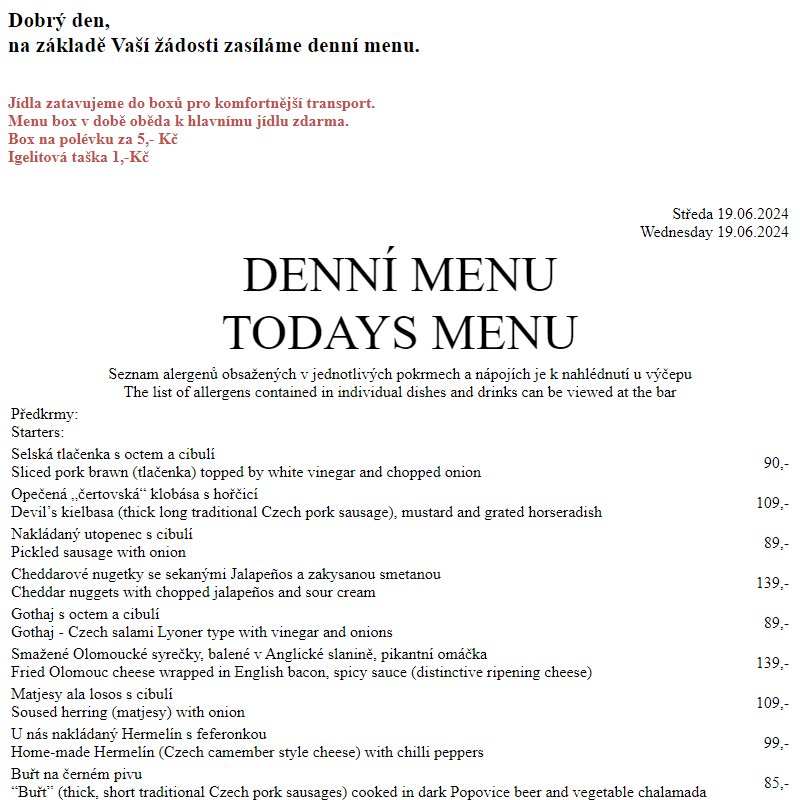 Dejvická sokolovna - Denní menu 6.6.2024