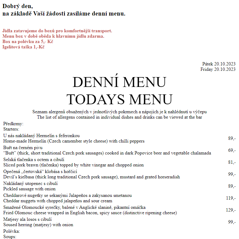 Dejvická sokolovna - Denní menu 20.10.2023