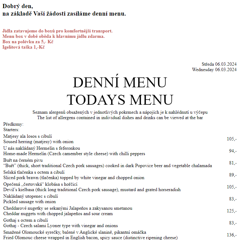 Dejvická sokolovna - Denní menu 6.3.2024