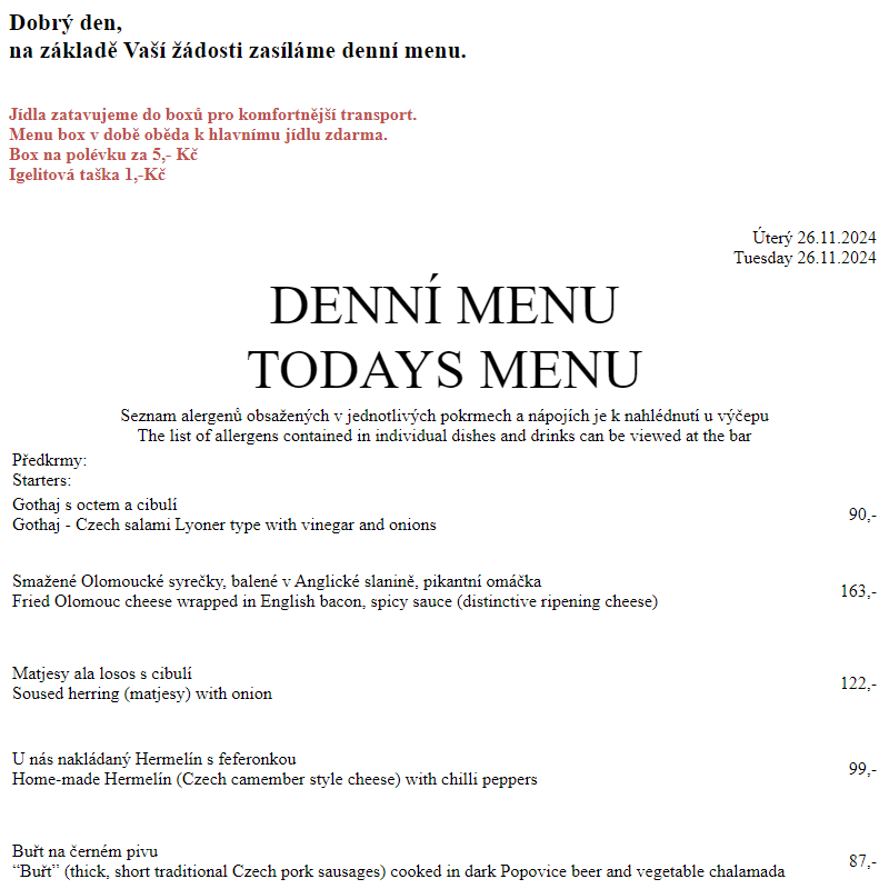 Dejvická sokolovna - Denní menu 26.11.2024