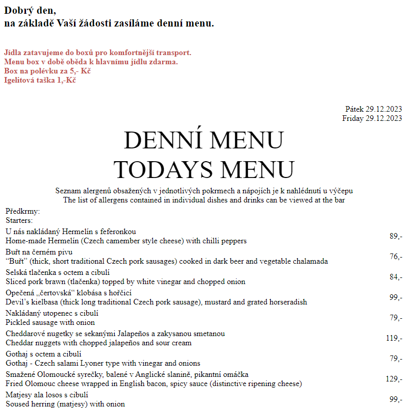 Dejvická sokolovna - Denní menu 29.12.2023