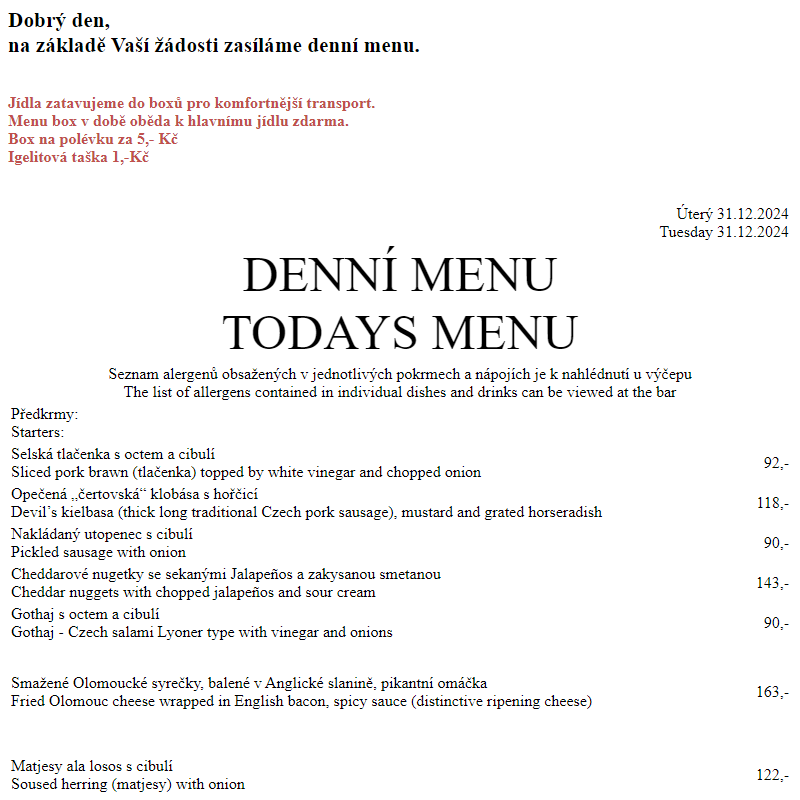 Dejvická sokolovna - Denní menu 31.12.2024