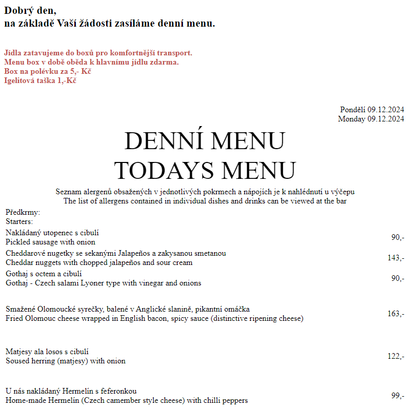 Dejvická sokolovna - Denní menu 9.12.2024