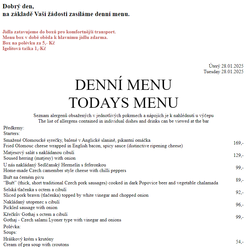 Dejvická sokolovna - Denní menu 28.1.2025