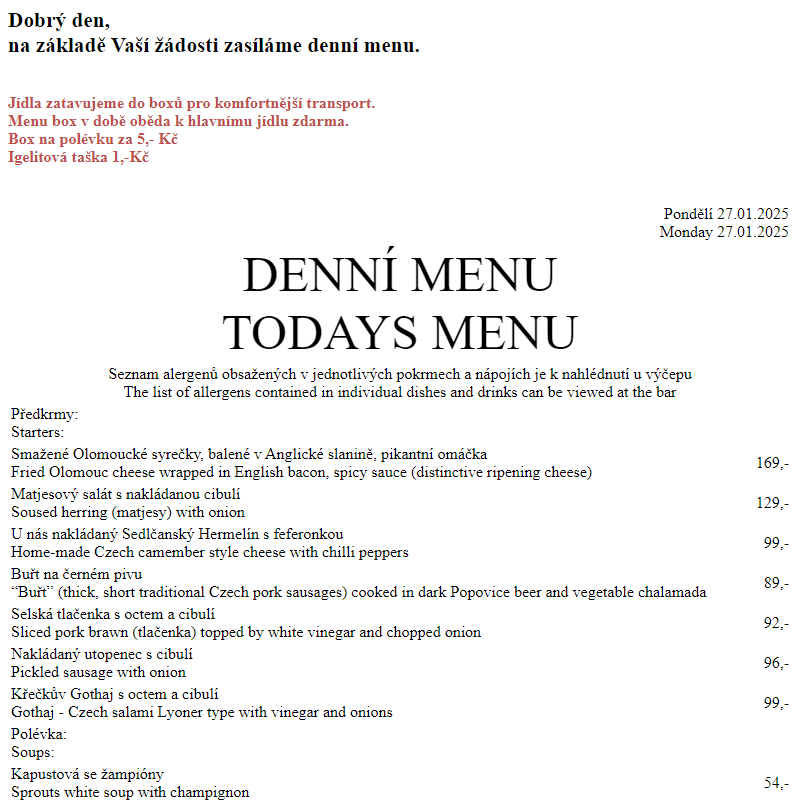 Dejvická sokolovna - Denní menu 27.1.2025